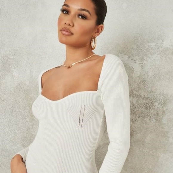 Cream Rib Knit Sweetheart Midaxi Dress 